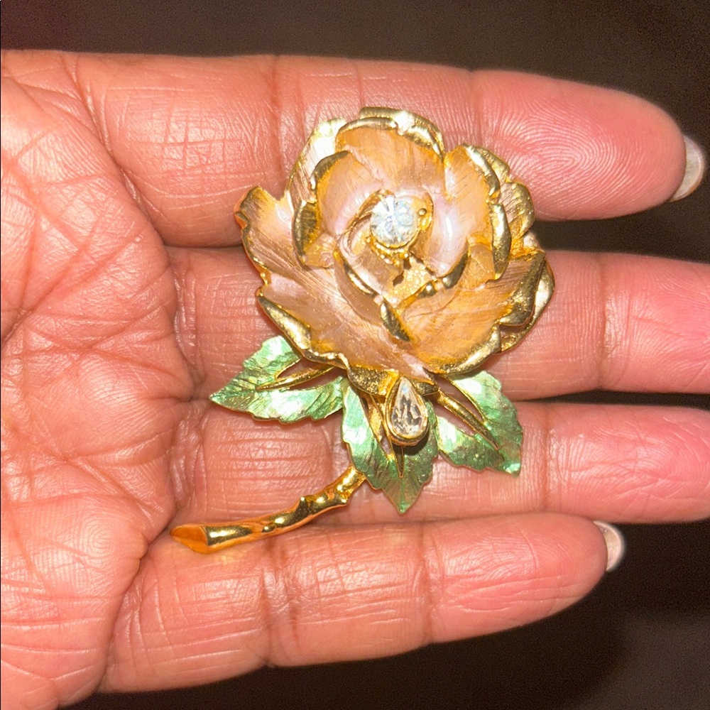 Vintage Gold and Green Rose Brooch